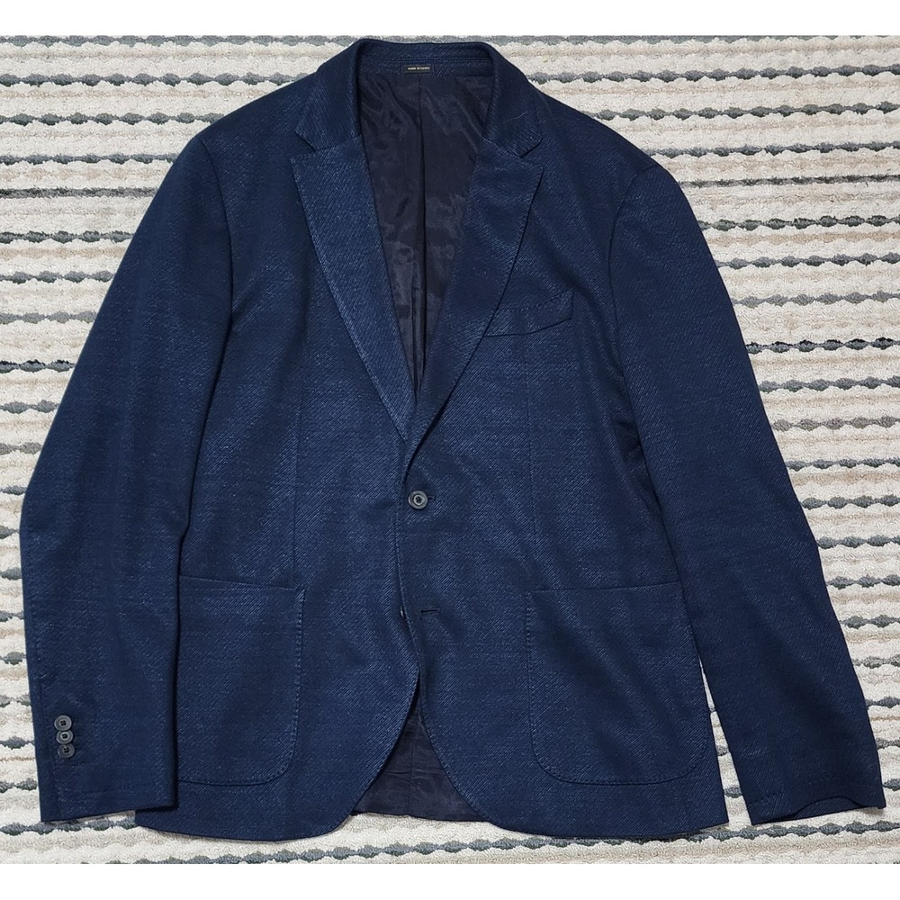 Massimo Dutti Men's Navy Blue Textured 2 Button Cotton Linen Blazer Size 42